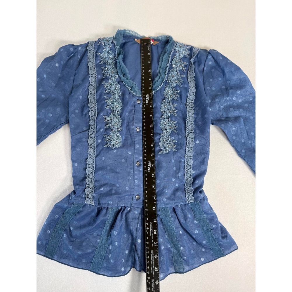 Pretty Angel Womens M Blue Polka Dot Silk Linen Lace Peplum Blouse 3/4 Sleeve